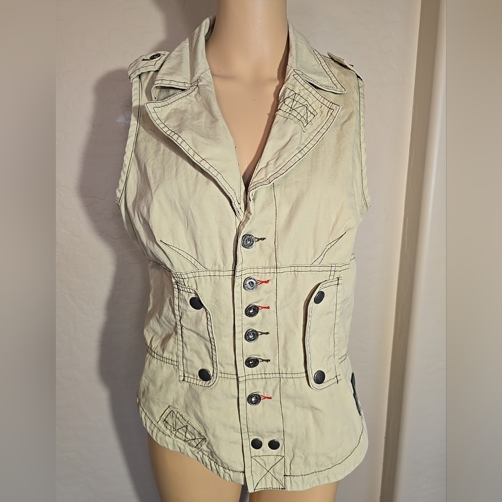 Vintage Diesel Distressed Sleeveless Button Front Utility Vest in Beige Size XS
